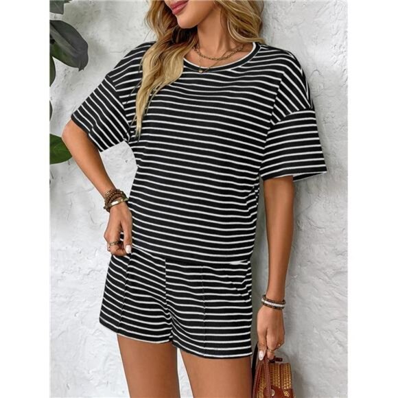 Striped Round Neck Short Sleeve Top and Shorts Set - Picture 12 of 16